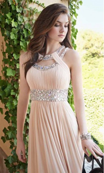 Grecian Sequin Double Collar Long Pink Prom Dresses KSP407